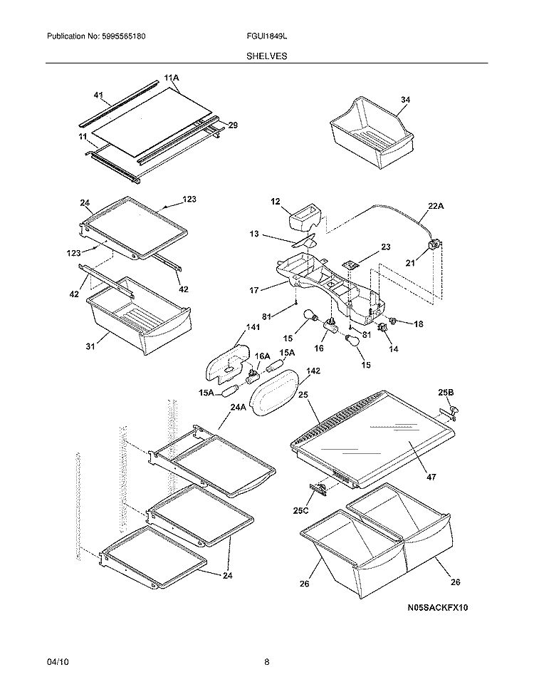 SHELVES Diagram and Parts List for FGUI1849LR0  Frigidaire Refrigerator