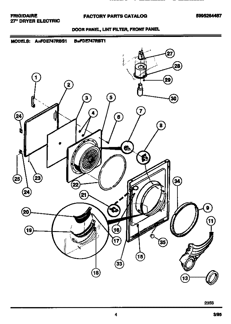 DOOR PANEL, LINT FILTER, FRONT PANE Diagram and Parts List for FDE747RBS1  Frigidaire Dryer