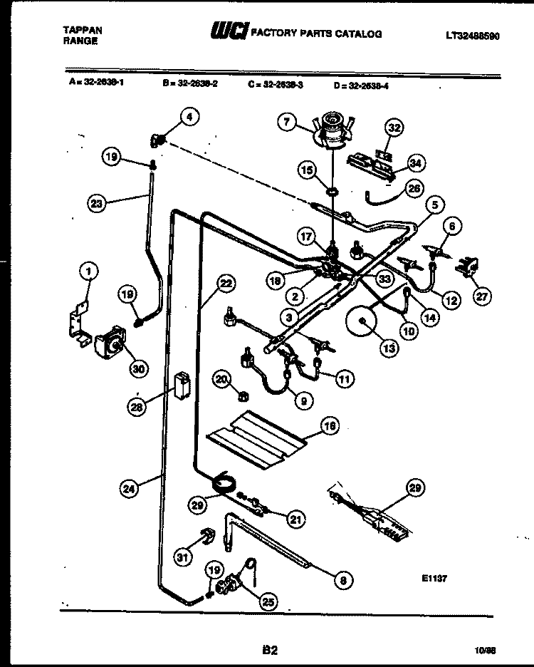 BURNER PARTS Diagram and Parts List for 32-2638-00-01  Tappan Range