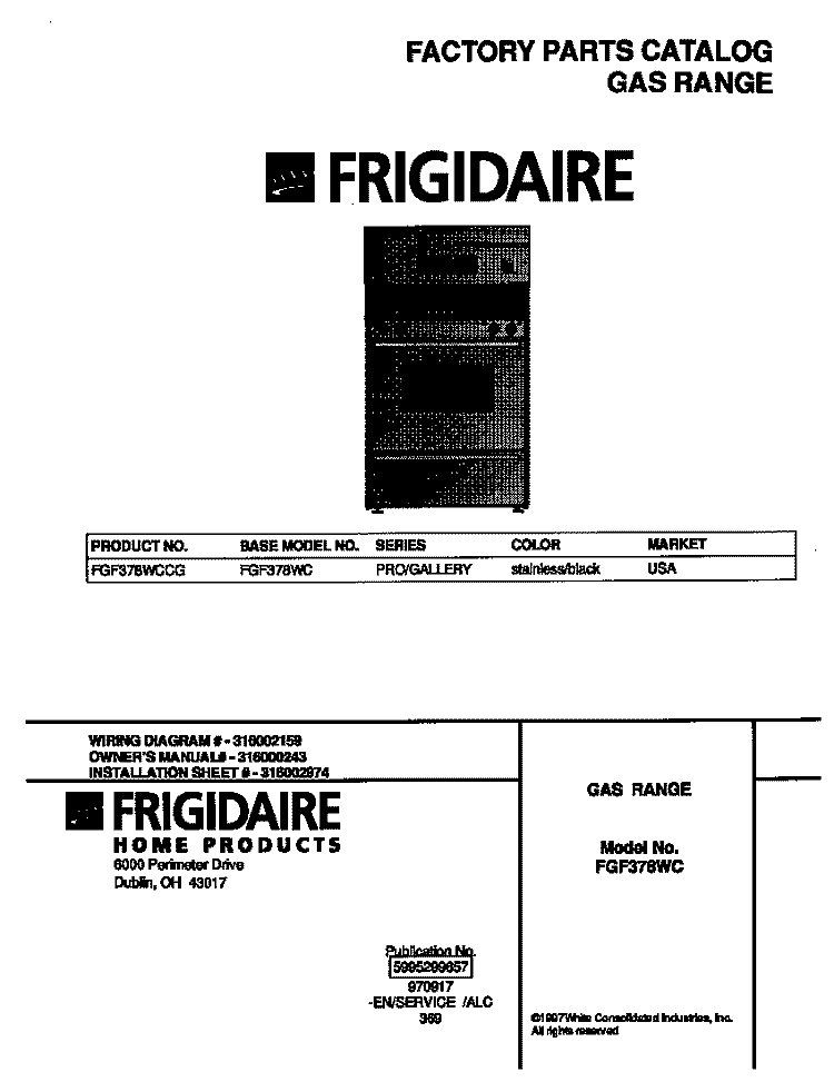 COVER Diagram and Parts List for FGF378WCCG  Frigidaire Range
