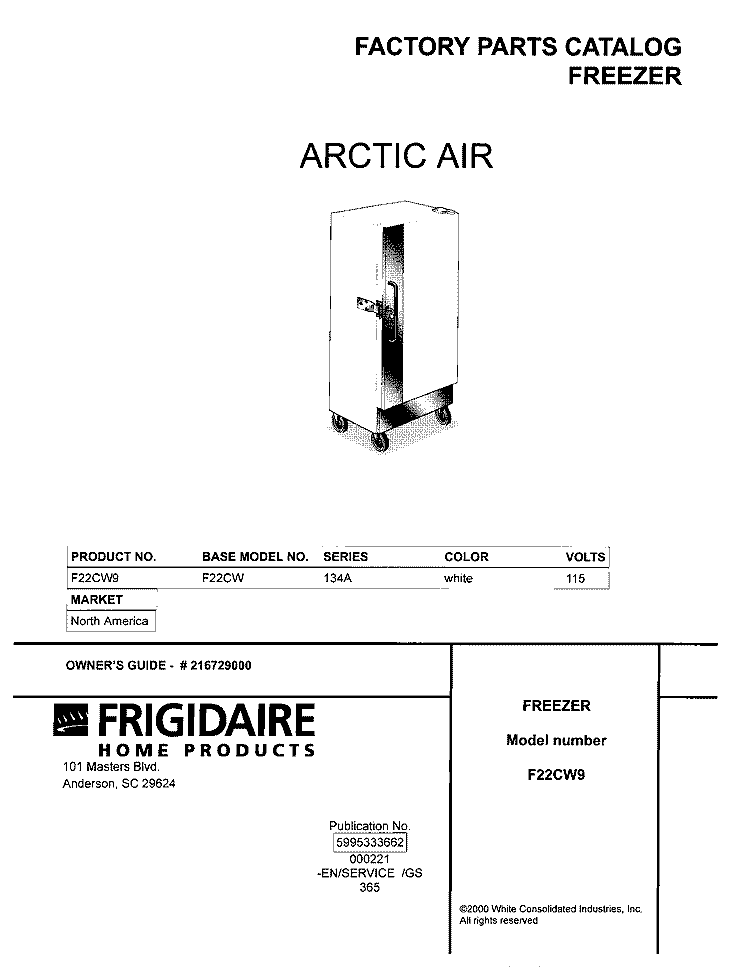 COVER Diagram and Parts List for F22CW9  Frigidaire Freezer