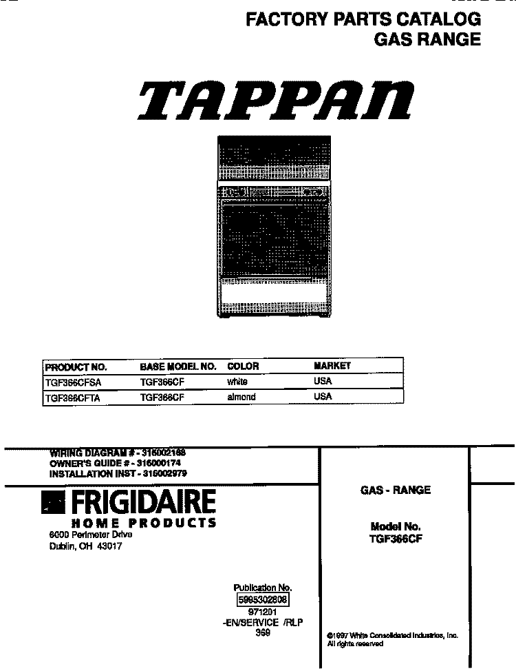 COVER Diagram and Parts List for TGF366CFTA  Tappan Range