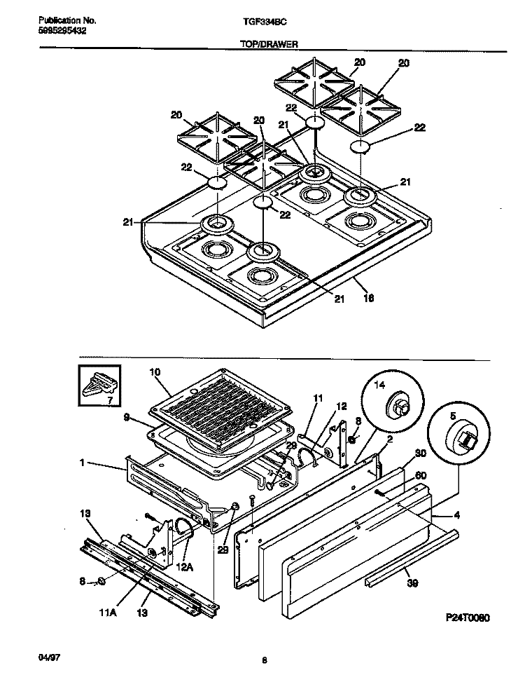 TOP / DRAWER Diagram and Parts List for TGF334BCDG  Tappan Range