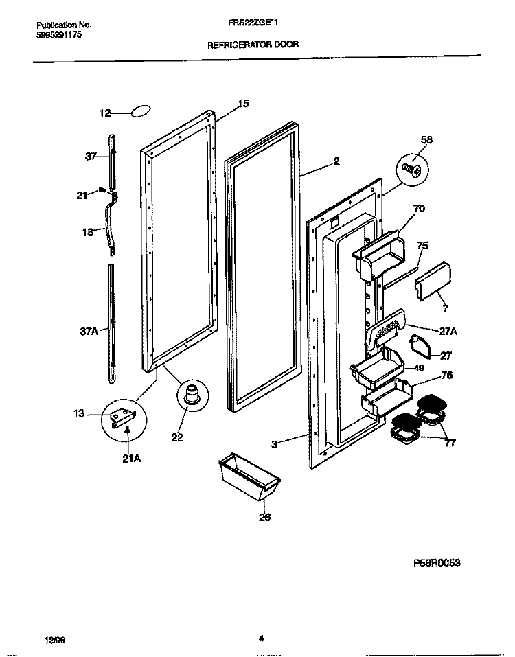 REFRIGERATOR DOOR Diagram and Parts List for FRS22ZGED1  Frigidaire Refrigerator