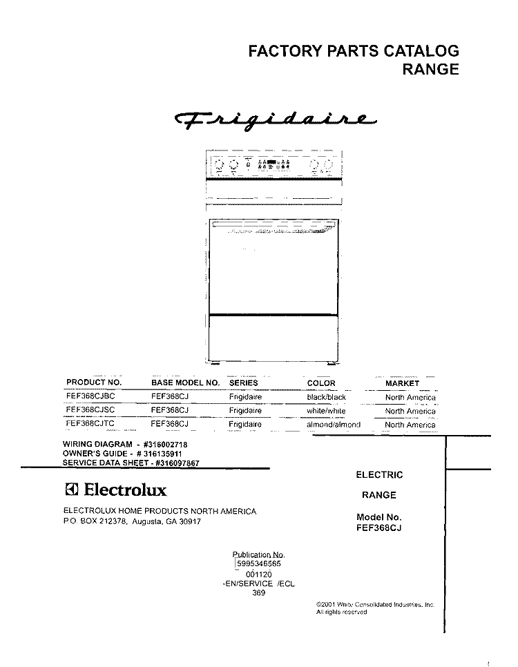 COVER Diagram and Parts List for FEF368CJBC  Frigidaire Range