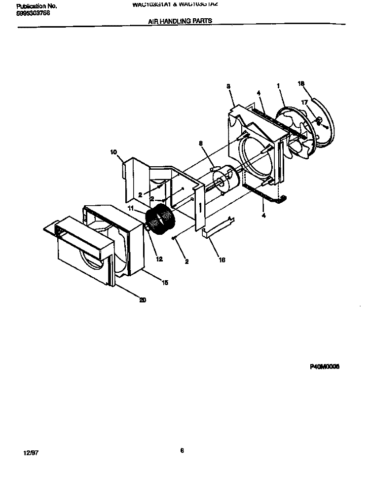 AIR HANDLING PARTS Diagram and Parts List for WAC103G1A1  Frigidaire Air Conditioner