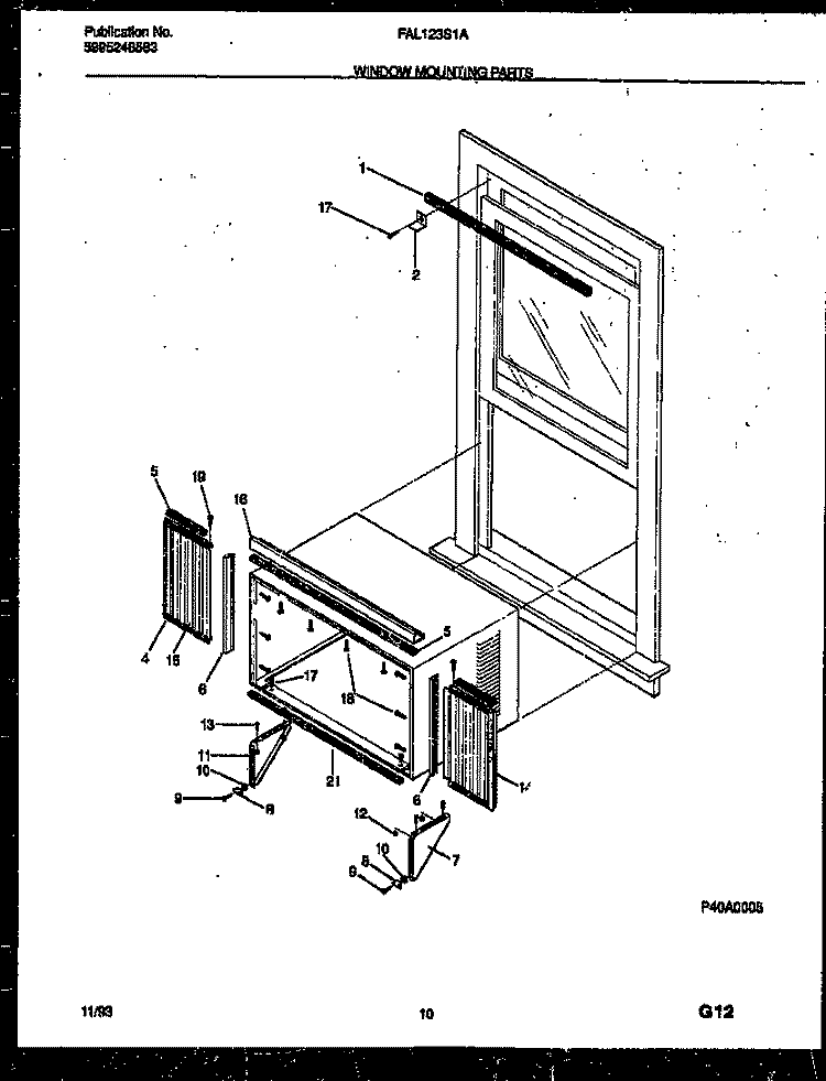 WINDOW MOUNTING PARTS Diagram and Parts List for FAL123S1A3  Frigidaire Air Conditioner