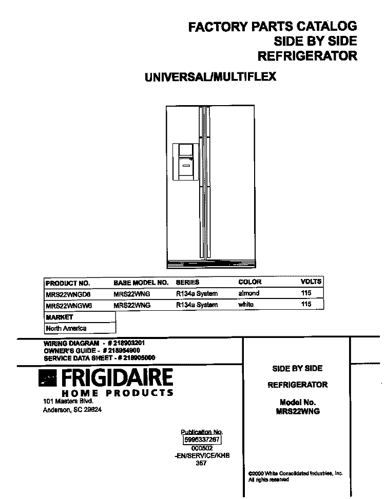 COVER Diagram and Parts List for MRS22WNGD6  Frigidaire Refrigerator