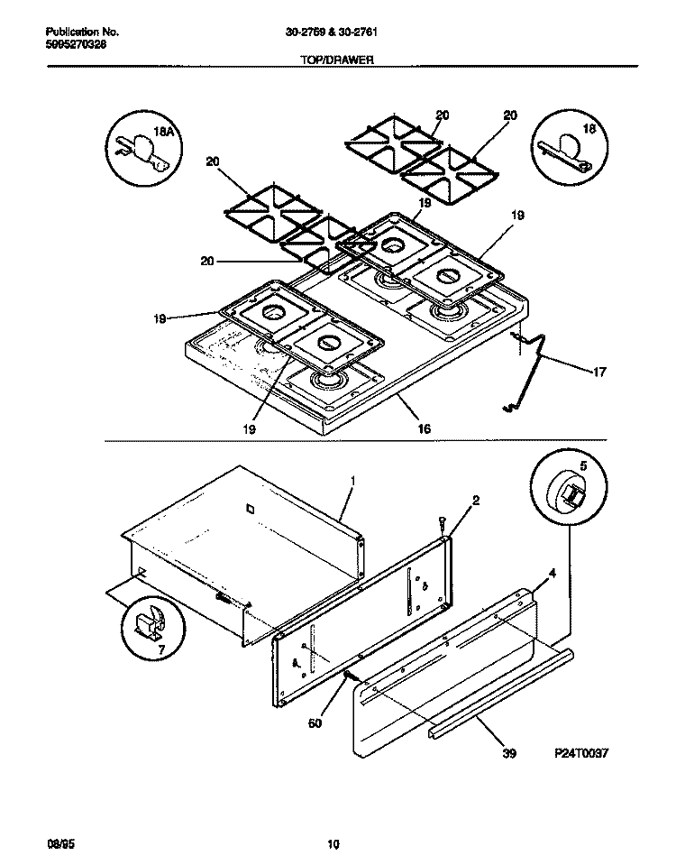 TOP / DRAWER Diagram and Parts List for 30-2761-00-07  Tappan Range