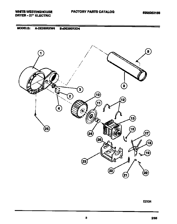 MOTOR, FAN HOUSING, EXHAUST DUCT Diagram and Parts List for DE350RXD4  Frigidaire Dryer