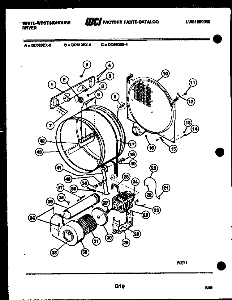 DRUM, BLOWER AND DRIVE PARTS Diagram and Parts List for DC610EXD4  Frigidaire Dryer