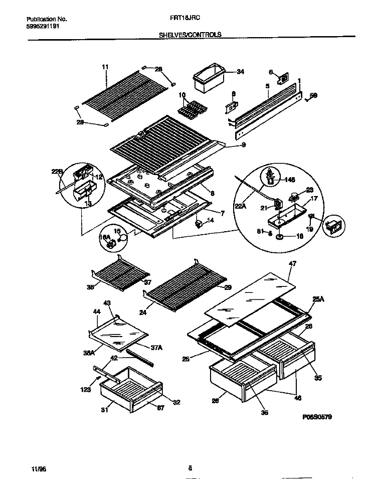 SHELVES / CONTROLS Diagram and Parts List for FRT18JRCW3  Frigidaire Refrigerator
