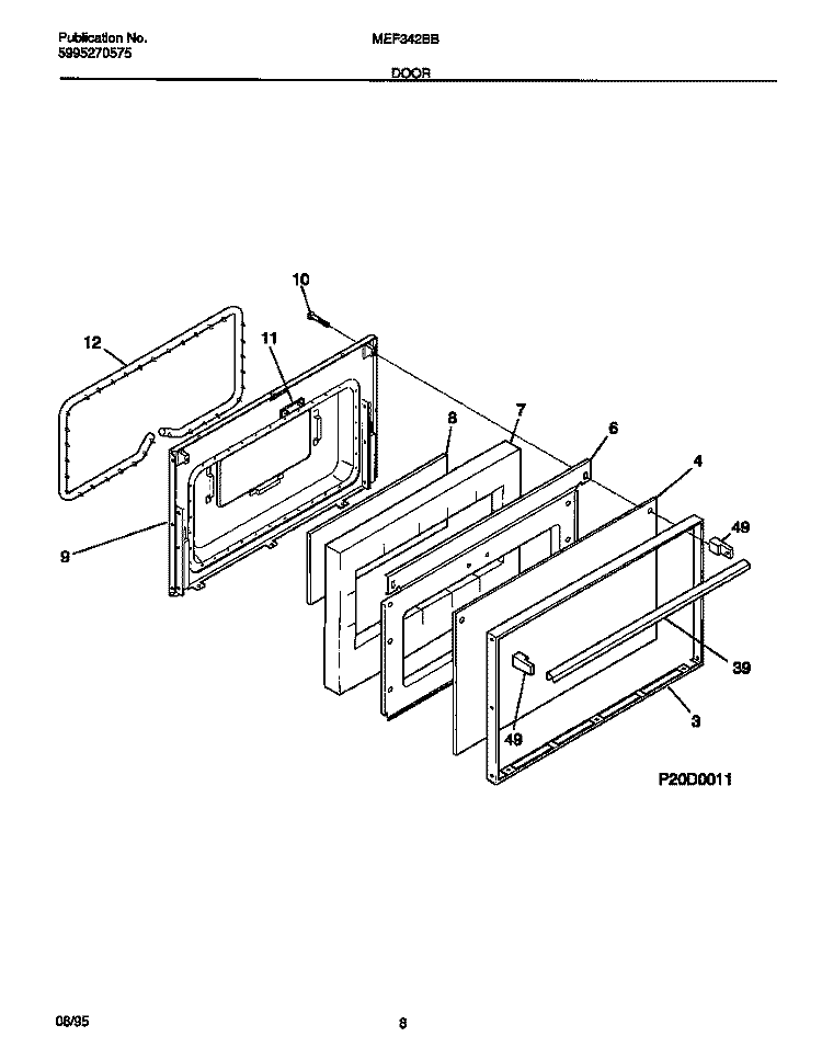 DOOR Diagram and Parts List for MEF342BBWD  Frigidaire Range