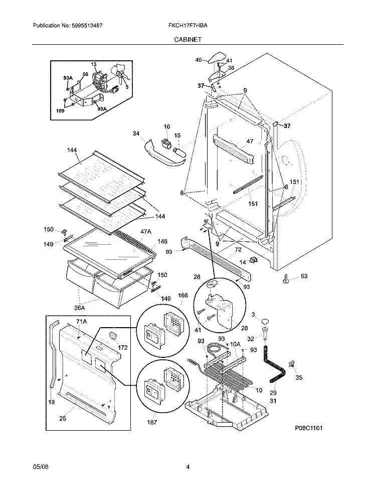 CABINET Diagram and Parts List for FKCH17F7HBA  Frigidaire Refrigerator