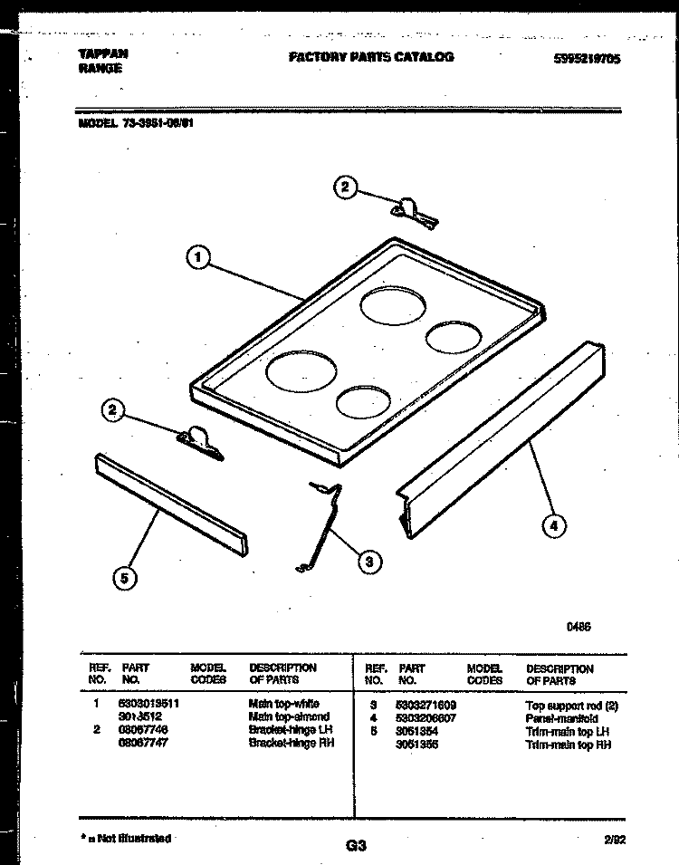 COOKTOP PARTS Diagram and Parts List for 73-3951-23-01  Tappan Range