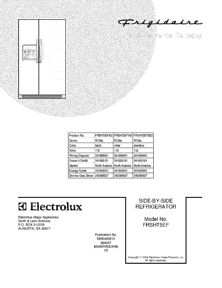 COVER Diagram and Parts List for FRSHT5EFSB2  Frigidaire Refrigerator