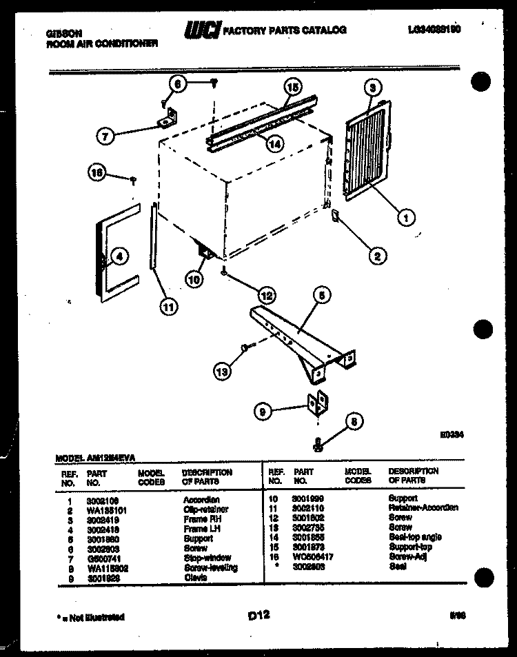 CABINET AND INSTALLATION PARTS Diagram and Parts List for AM12E4EVA  Gibson Air Conditioner