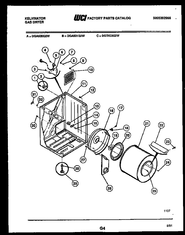 TUB AND COMPONENT PARTS Diagram and Parts List for DGA500G2W  Kelvinator Dryer