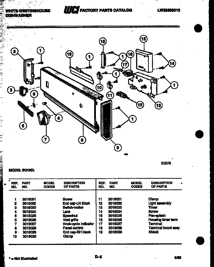 CONSOLE AND CONTROL PARTS Diagram and Parts List for SU180L  Frigidaire Dishwasher
