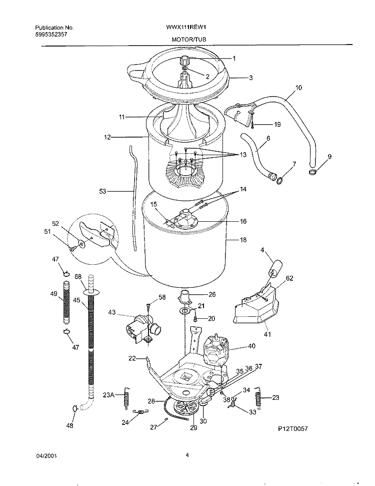 WSHR MTR, HOSE Diagram and Parts List for WWX111REW1  Westinghouse Washer