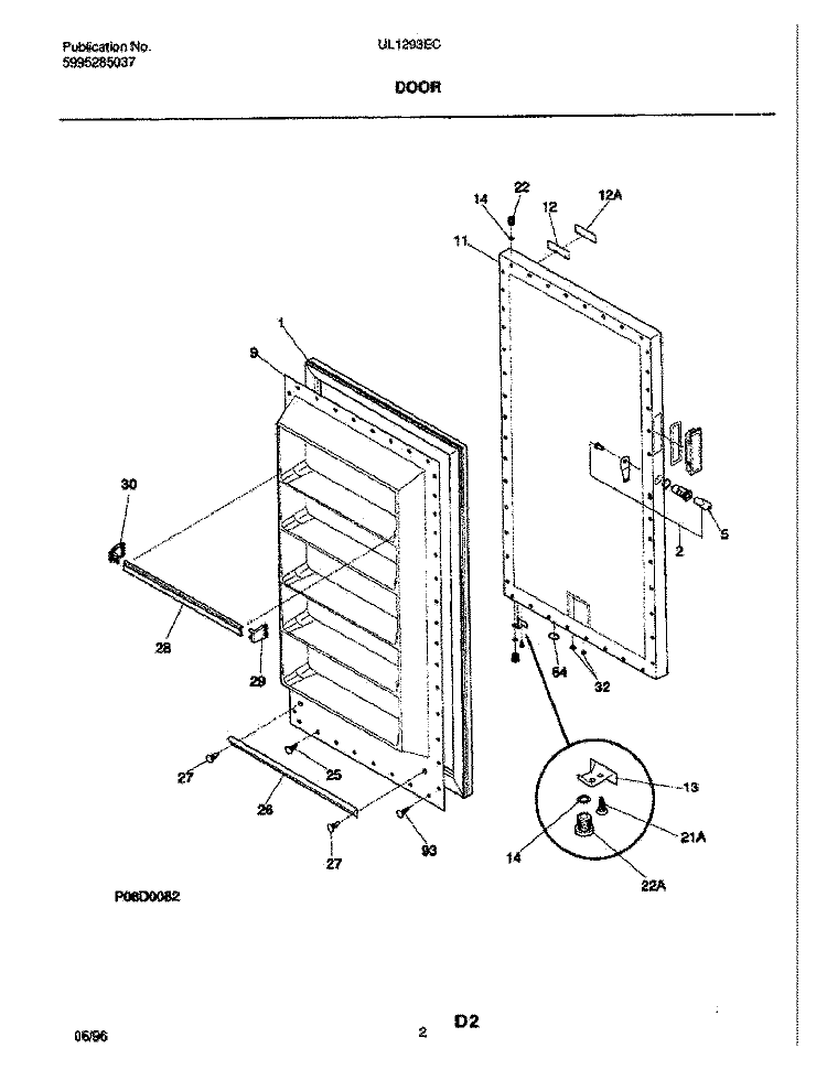 DOOR Diagram and Parts List for UL1293ECW7  Electrolux Freezer