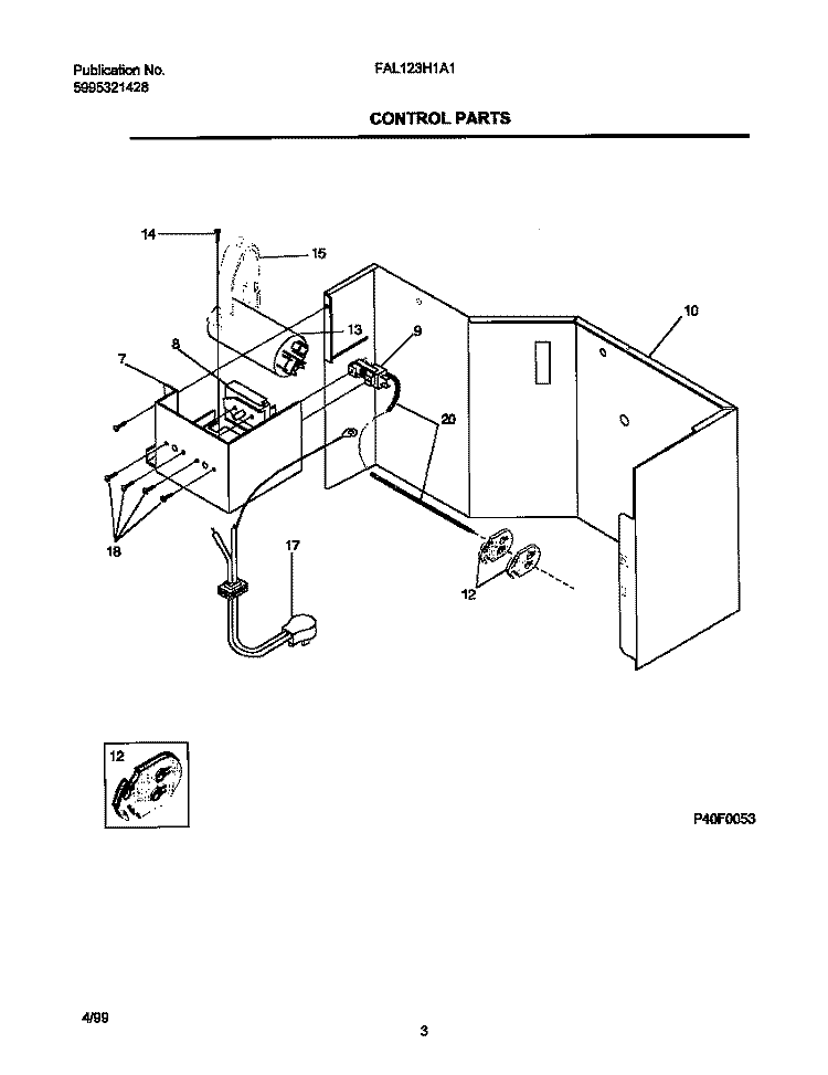 CONTROL PARTS Diagram and Parts List for FAL123H1A1  Frigidaire Air Conditioner