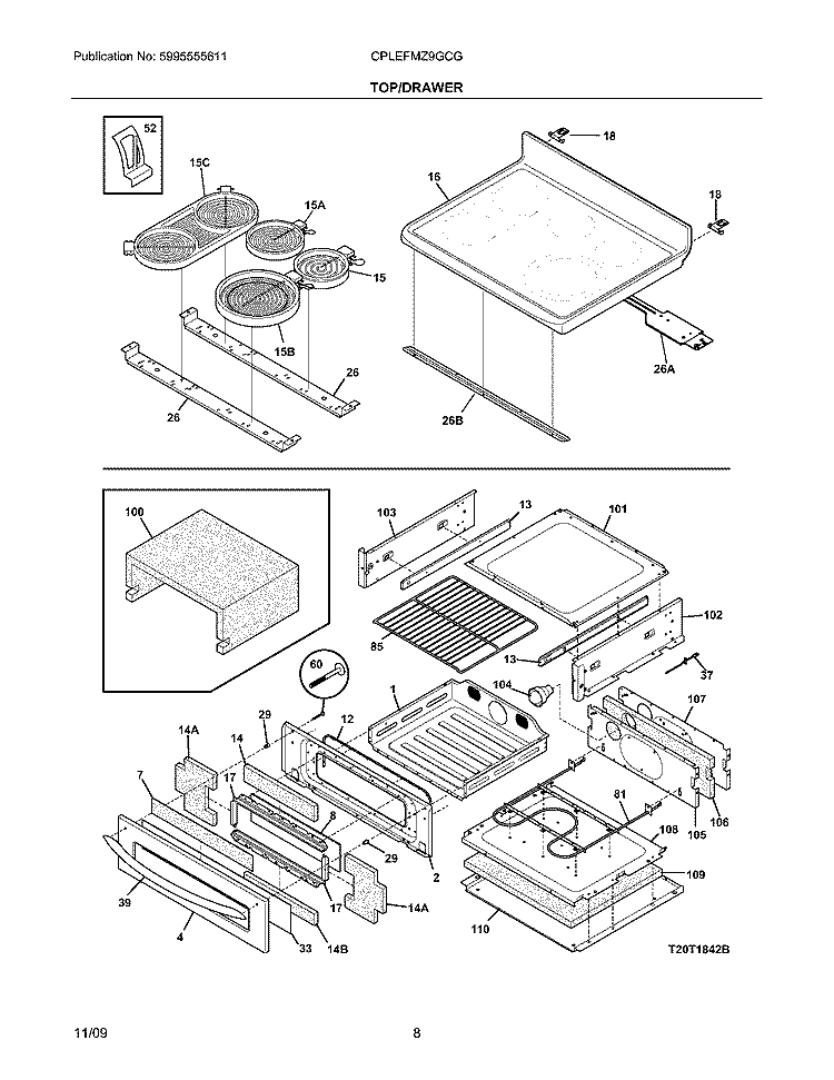 TOP/DRAWER Diagram and Parts List for CPLEFMZ9GCG  Frigidaire Range