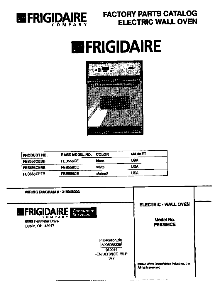 COVER Diagram and Parts List for FEB556CETB  Frigidaire Wall Oven