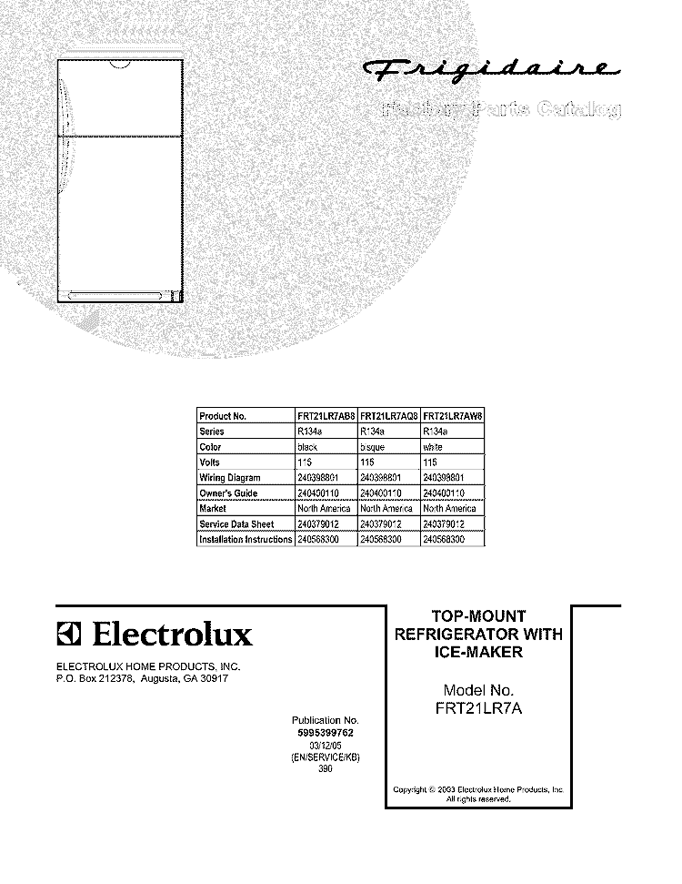 COVER Diagram and Parts List for FRT21LR7AQ8  Frigidaire Refrigerator