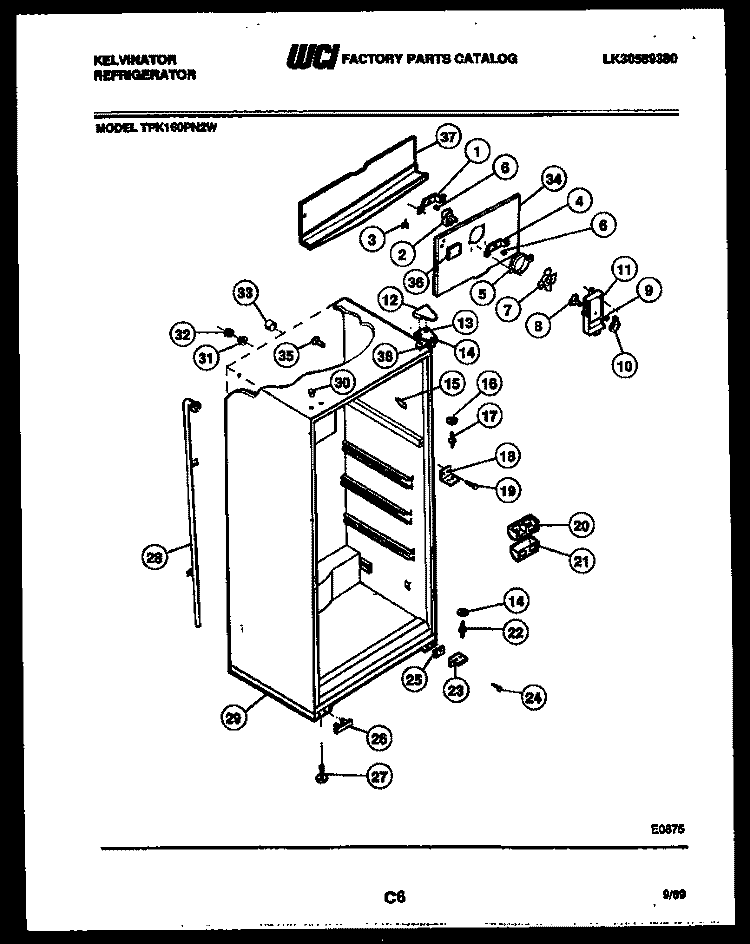 CABINET PARTS Diagram and Parts List for TPK160PN2W  Kelvinator Refrigerator