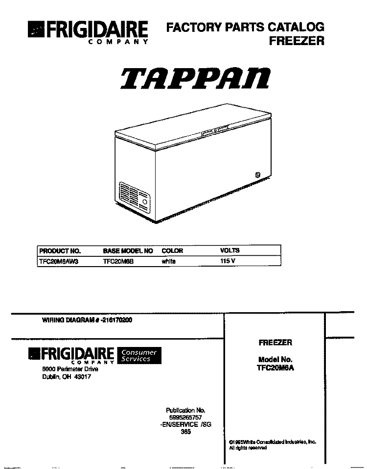 COVER Diagram and Parts List for TFC20M6AW3  Tappan Freezer