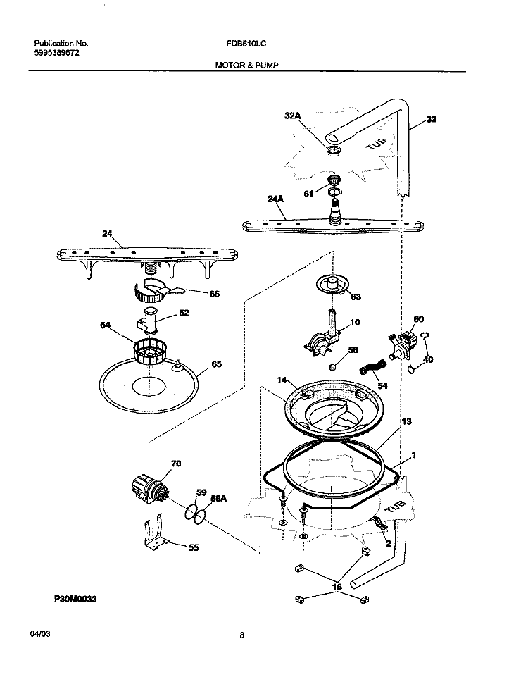 MOTOR & PUMP Diagram and Parts List for FDB510LCB0  Frigidaire Dishwasher