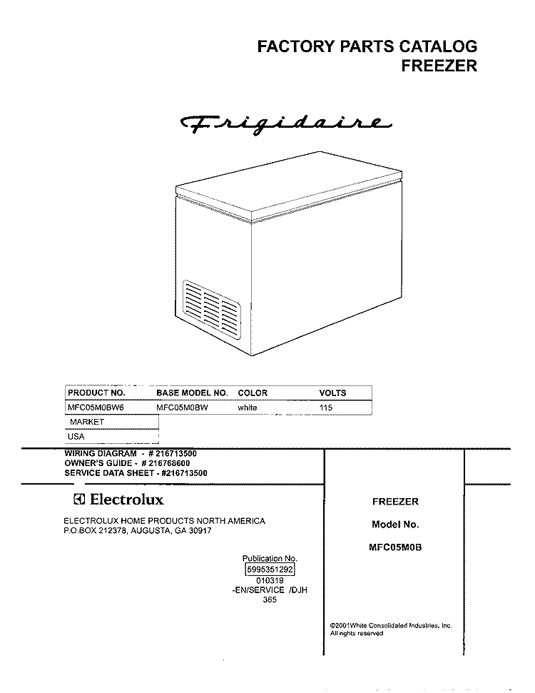 COVER Diagram and Parts List for MFC05M0BW6  Frigidaire Freezer