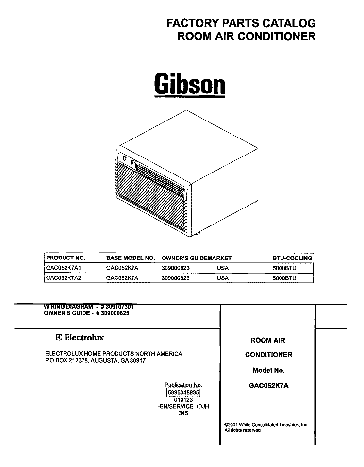 COVER Diagram and Parts List for GAC052K7A2  Gibson Air Conditioner