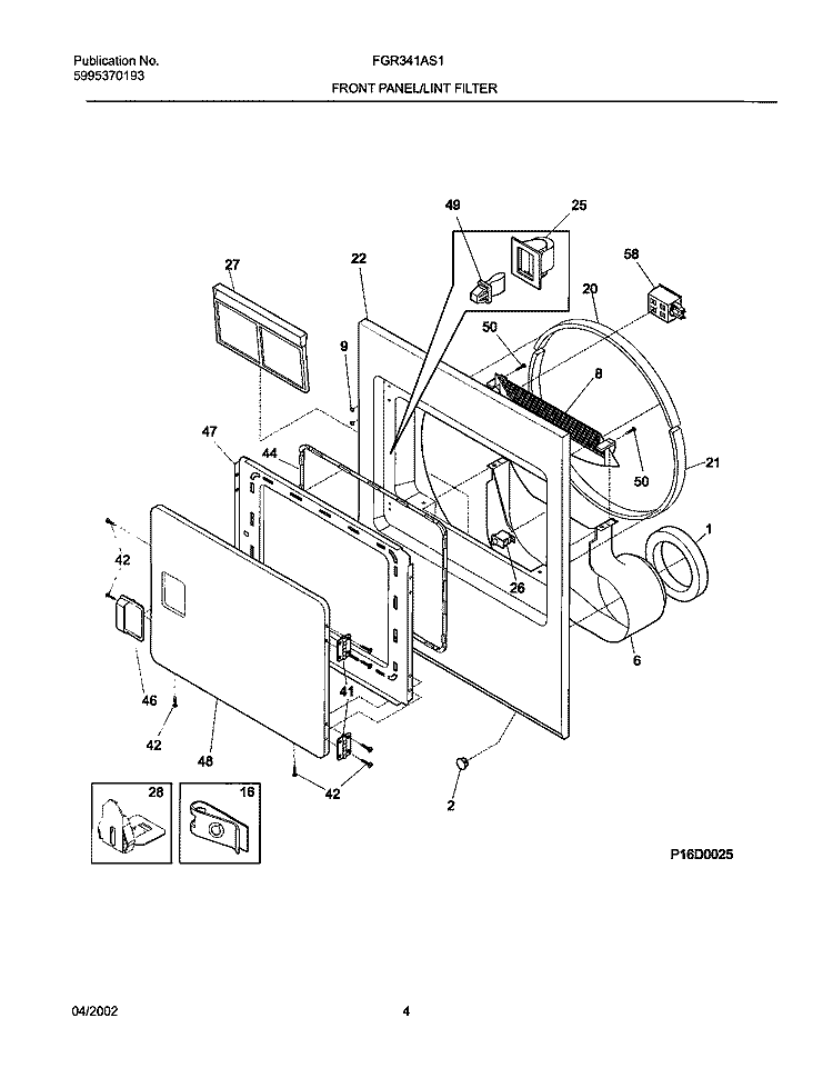FRNT PNL, DOOR Diagram and Parts List for FGR341AS1  Frigidaire Dryer