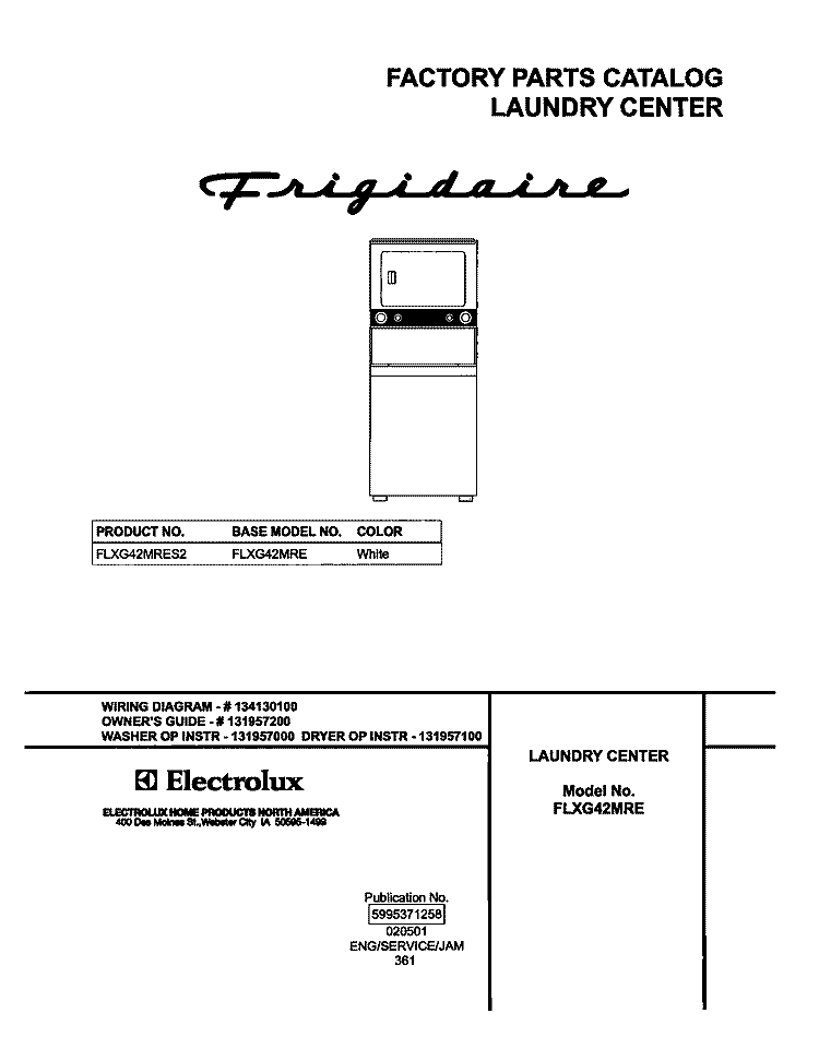 COVER Diagram and Parts List for FLXG42MRES2  Frigidaire Washer Dryer Combo