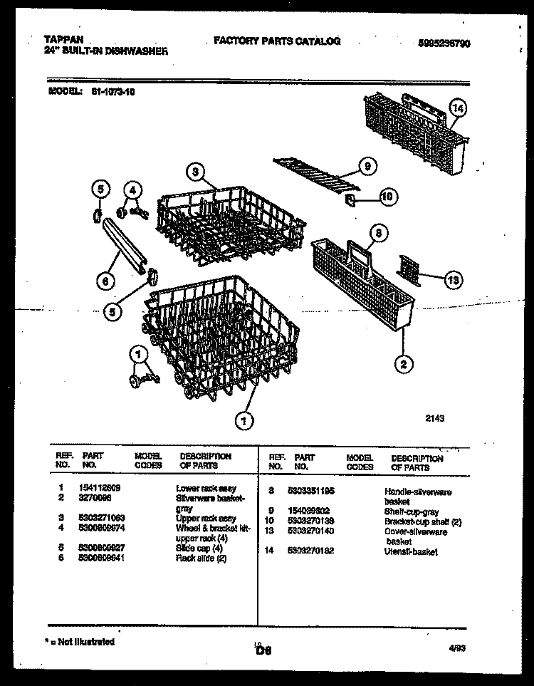 RACKS AND TRAYS Diagram and Parts List for 61-1073-10-00  Tappan Dishwasher