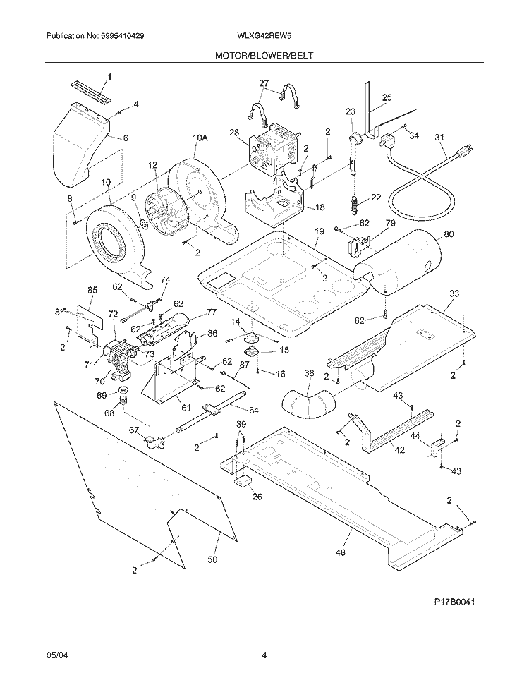 MOTOR / BLOWER / BELT Diagram and Parts List for WLXG42REW5  Westinghouse Washer Dryer Combo