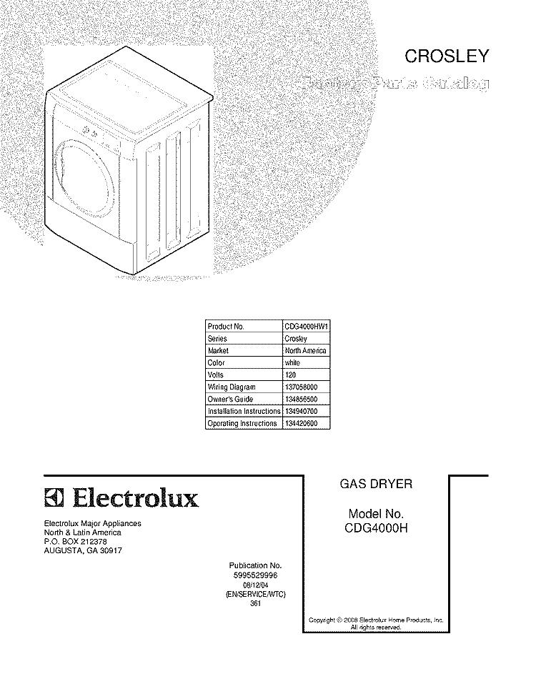 COVER Diagram and Parts List for CDG4000HW1  Crosley Dryer