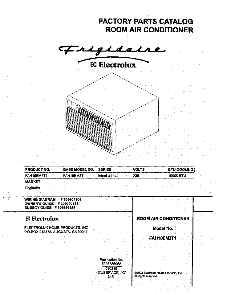 COVER Diagram and Parts List for FAH10EM2T1  Frigidaire Air Conditioner