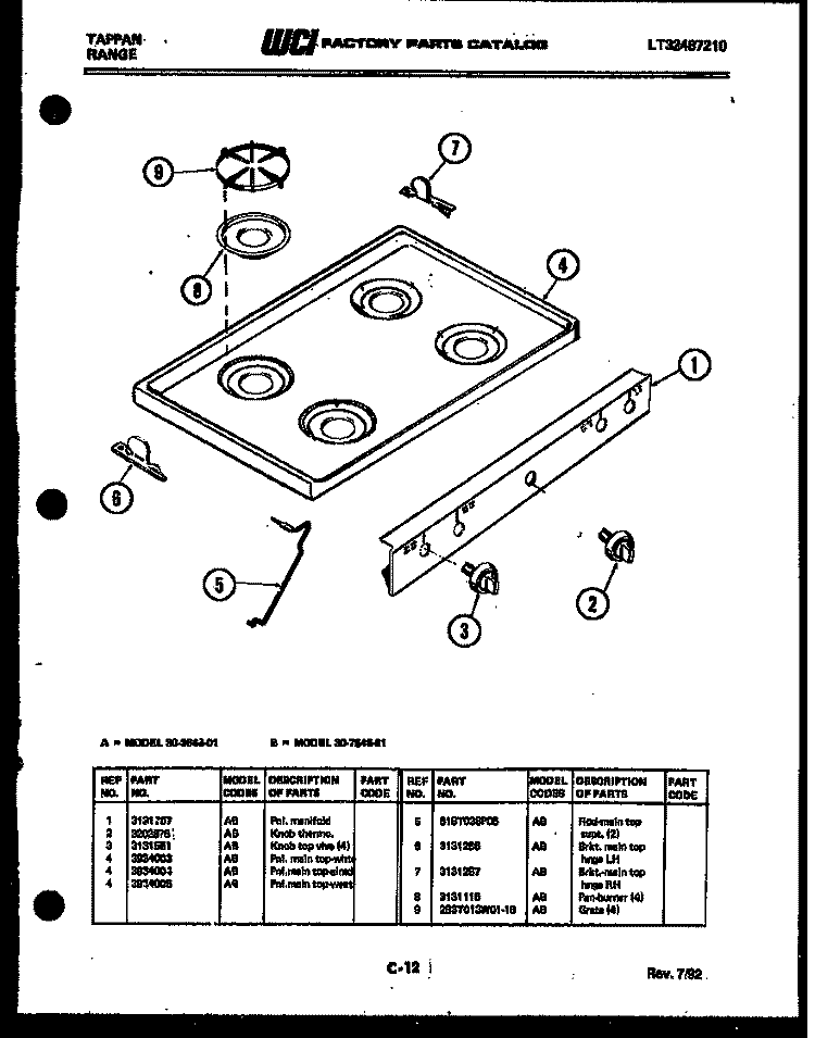 COOKTOP PARTS Diagram and Parts List for 30-3648-66-01  Tappan Range