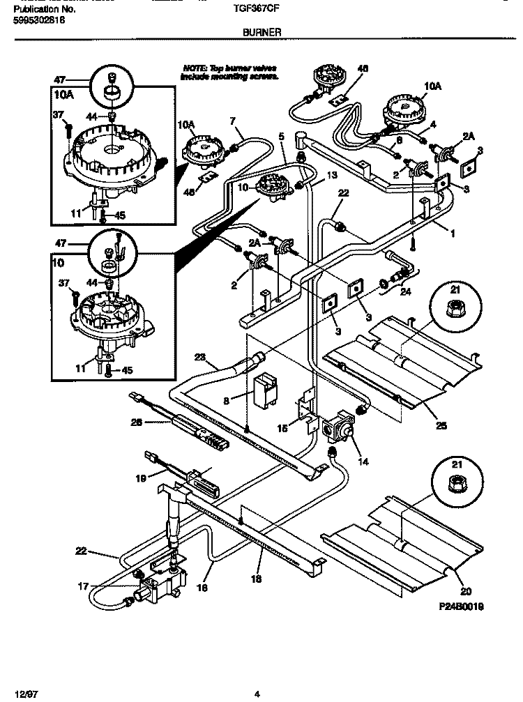 BURNER Diagram and Parts List for TGF367CFTA  Tappan Range