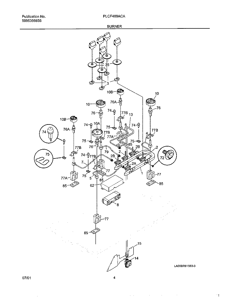 BURNER Diagram and Parts List for PLCF489ACA  Frigidaire Range