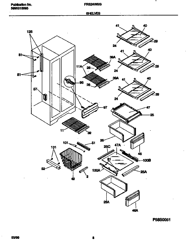 SHELVES Diagram and Parts List for FRS24WSGW2  Frigidaire Refrigerator