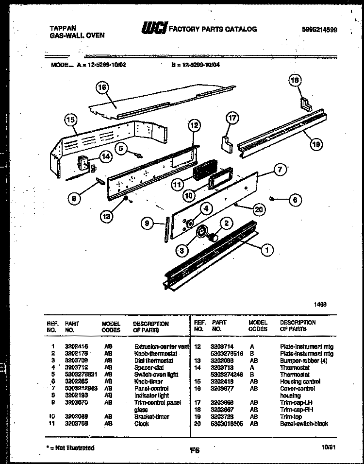 CONTROL PANEL Diagram and Parts List for 12-5299-00-02  Tappan Wall Oven