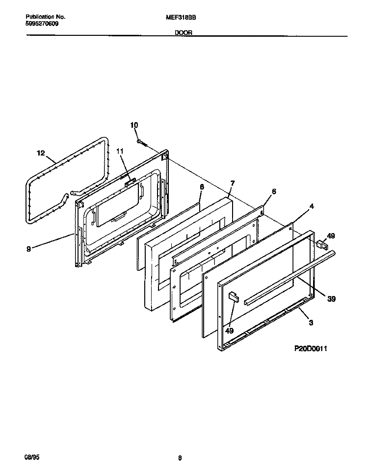 DOOR Diagram and Parts List for MEF318BBDB  Frigidaire Range