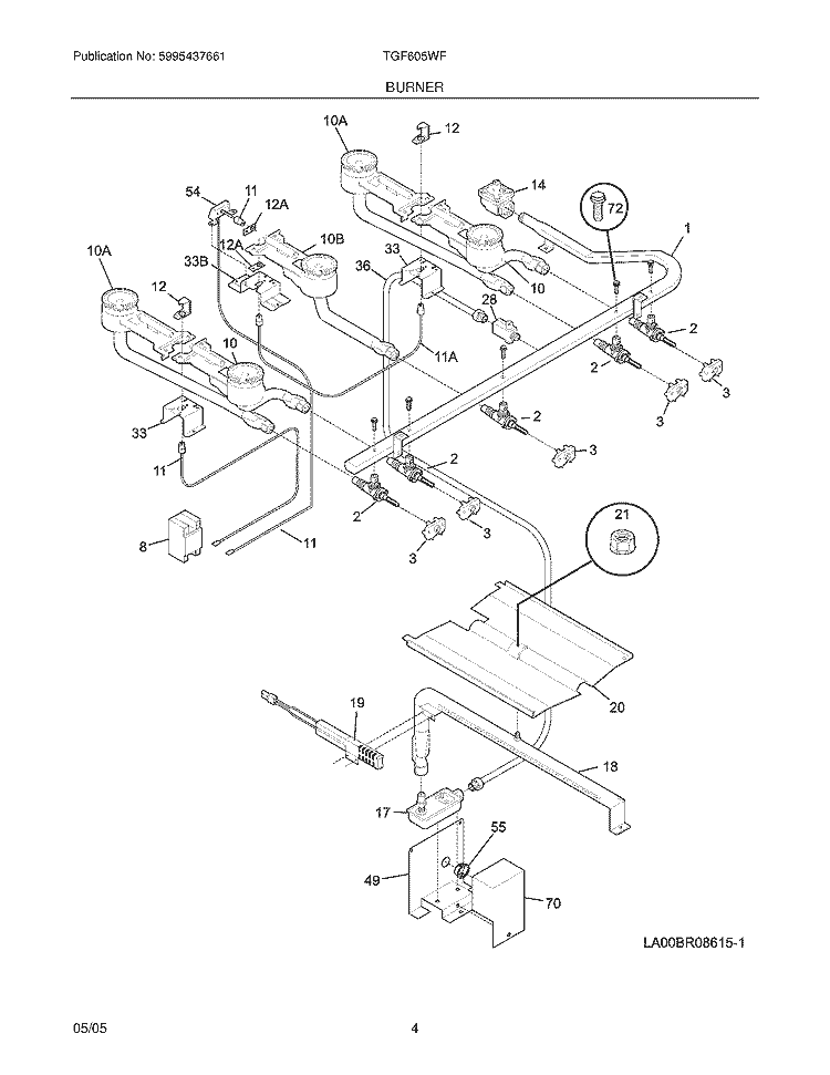 BURNER Diagram and Parts List for TGF605WFU3  Tappan Range