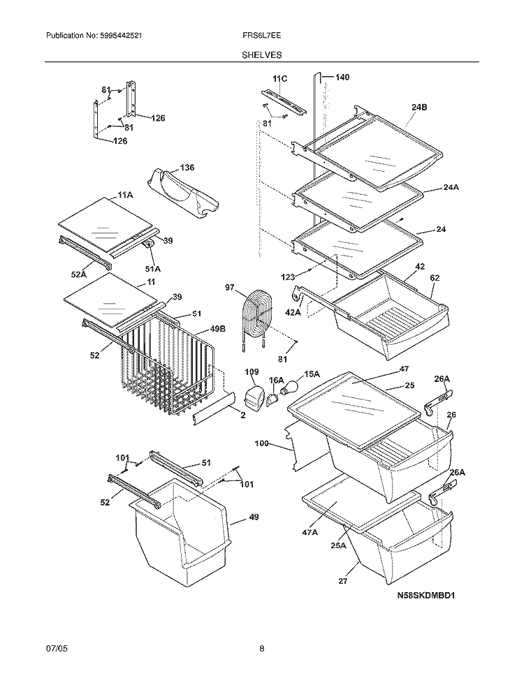 SHELVES Diagram and Parts List for FRS6L7EES9  Frigidaire Refrigerator