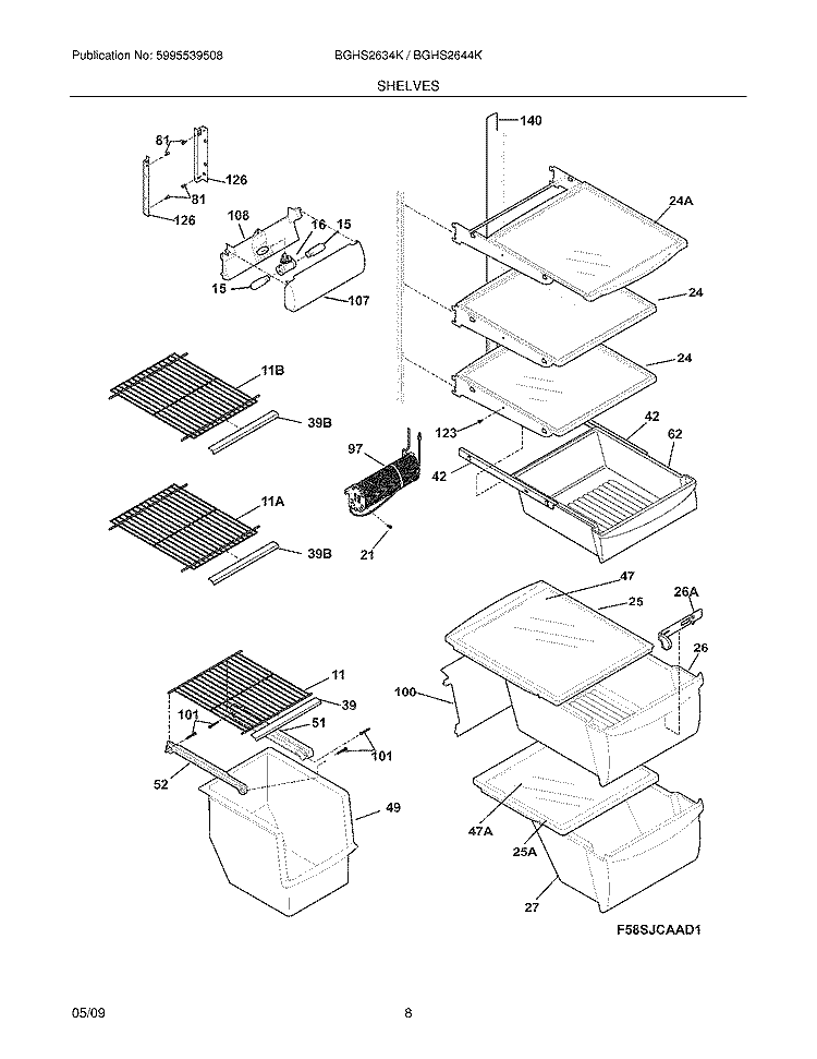SHELVES Diagram and Parts List for BGHS2644KF0  Frigidaire Refrigerator