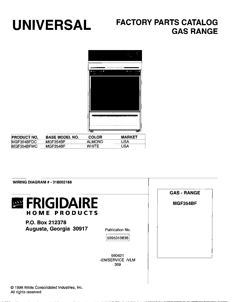 COVER Diagram and Parts List for MGF354BFDC  Frigidaire Range